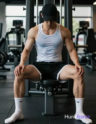 Asian man with light-medium skin seated on gym leg press in vertical portrait, legs spread wide V-sh