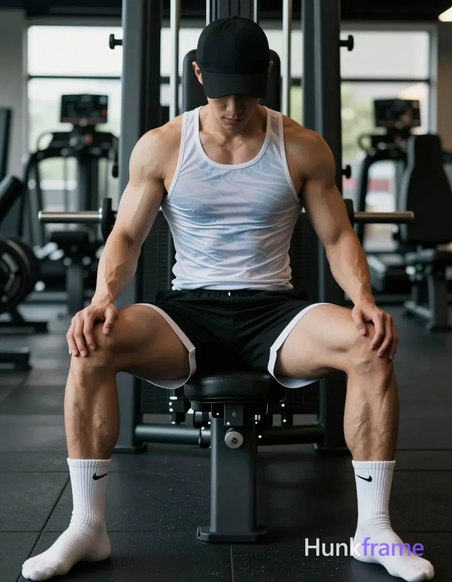 Asian man with light-medium skin seated on gym leg press in vertical portrait, legs spread wide V-shape exposing thick quadriceps and lower abdomen; He wears a black baseball cap tilted forward, a light blue and white patterned compression tank top clinging to broad shoulders and defined pectorals, black athletic shorts showing white inner lining at hemline, and white crew socks with small black Nike swoosh logos near ankles; Full arms including biceps are bare; hands rest lightly on inner thighs near knee caps; Neutral focused downward gaze under soft directional light from the left highlighting right shoulder against a blurred gym background with daylight windows; Slight motion blur edges for dynamic feel, high contrast between skin and dark clothing; single clean uninterrupted photograph with a cohesive editorial composition and plain continuous surrounding surfaces