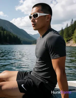 Asian man with light-medium skin and short buzz cut, wearing white-framed rectan