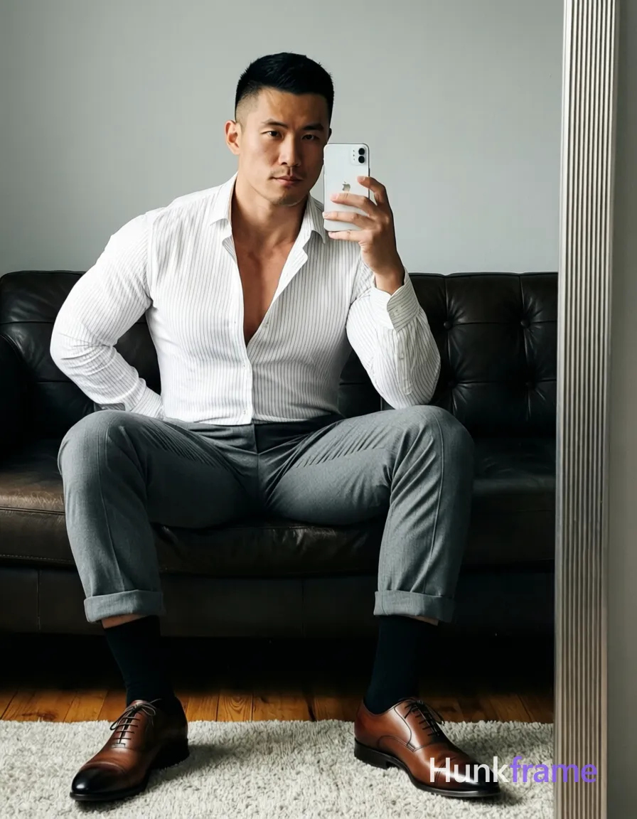 Asian man seated on dark leather sofa, legs spread knees bent taking mirror selfie with white smartphone at chest level. White long-sleeve button-up shirt subtle vertical stripes top two buttons undone revealing upper chest and collarbone artistic partial nude adult. Grey tailored trousers cuffed slightly above ankle black dress socks pulled up to mid-calf brown cap-toe oxford shoes visible on light-colored rug below. Broad shoulders defined pectorals toned arms short black buzz cut straight texture high forehead clean hairline clean-shaven neutral direct gaze at phone camera in mirror reflection left hand resting behind back near hip right arm raised holding smartphone. Indoor room featuring dark leather tufted sofa against light grey wall wooden floor partially covered by textured rug vertical mirror frame visible along right edge of image soft ambient indoor lighting creating gentle shadows on face and clothing folds white grey brown black palette polished confident stylish mood clean lines minimalist composition fine-art photography dramatic lighting sculpted poses premium fashion-editorial aesthetic handsome masculine subject tailored attire captured via mirror selfie composition 13:19 aspect ratio vertical portrait orientation, a single uninterrupted photograph only, no written words or typography anywhere in frame, no captions, no app UI, no social-media post layout, no screenshot borders