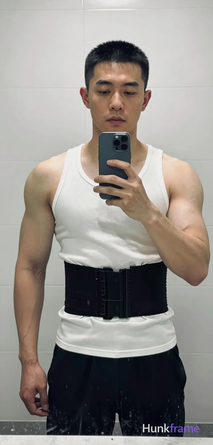 Photograph of exactly 1 adult man. Man 1: Asian, light-medium, square-jawed with defined cheekbones, short black buzz cut, straight texture, high forehead, clean hairline, clean-shaven. Man 1 has fully exposed eyes, eyebrows, temples and nose bridge. Broad shoulders, defined pectorals with visible abdominal definition. Standing facing mirror holding phone at chest while making peace sign near head. White ribbed tank top covering torso completely with black waist trainer around midsection. Vertical portrait mirror selfie composition centered full upper-body shot from thighs up. Indoor bathroom or locker room with white tiled walls, gray marble-like floor tiles visible at bottom edge. Bright frontal lighting creating soft shadows on torso highlighting sculpted physique details. Fine-art photography emphasizing muscular build in premium fashion-editorial context