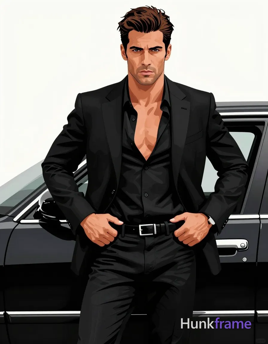 A bold wall art graphic featuring a Caucasian man in his 30s with medium-tan skin and dark brown styled hair. He stands centered waist-up against a black car door, leaning forward with left hand on hip and right fist near waist. Wearing an unbuttoned black suit jacket exposing the chest, open-collared shirt, trousers, and silver-buckle belt, he exhibits broad shoulders and thick thighs. The composition uses high-contrast color blocking with clean vector lines to emphasize his serious expression and sculpted physique in a vertical 13:19 format., a single uninterrupted photograph only, no written words or typography anywhere in frame, no captions, no app UI, no social-media post layout, no screenshot borders