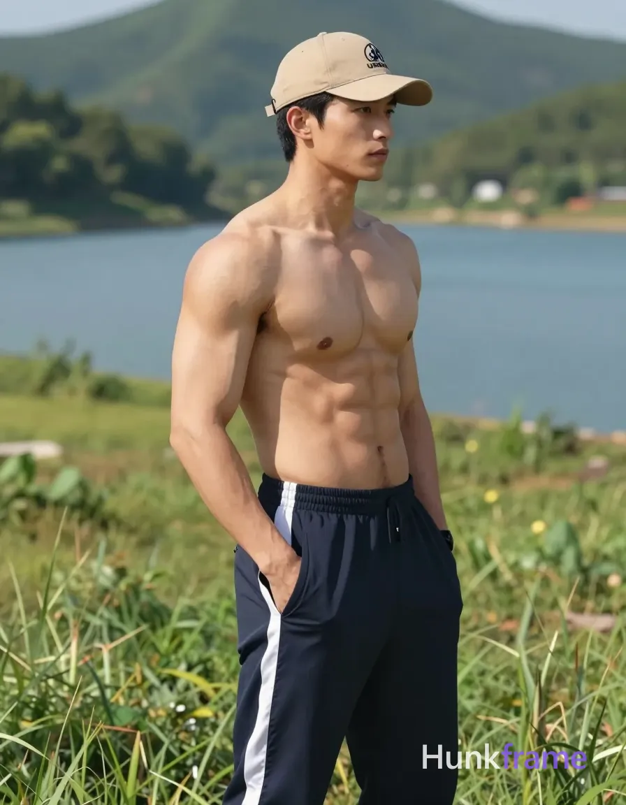 Polished anime 2.5D next-gen render of an adult man standing in profile facing right on a grassy hillside, left hand casually tucked into pocket of dark navy track pants with white side stripes. Shirtless physique displaying broad shoulders, defined pectorals and abs, thick thighs; skin light to medium tan under bright natural sunlight creating strong directional shadows. Short dark hair beneath tan baseball cap featuring 'UNERA' text and an anonymous figure logo. Vertical portrait crop from head to upper thighs positioned center-right foreground against blue lake and forested slopes background. High dynamic range rendering with sharp detail on skin and fabric textures, wide-angle landscape context. Small garment print reading HF on chest. Serene open-air masculine confidence mood. Include exactly one visible wordmark, spelled exactly "HF", as a small garment print; preserve its appropriate typography and scale. No other visible text, logo, caption, username, hashtag, comment, watermark, or UI chrome., a single uninterrupted photograph only, no written words or typography anywhere in frame, no captions, no app UI, no social-media post layout, no screenshot borders