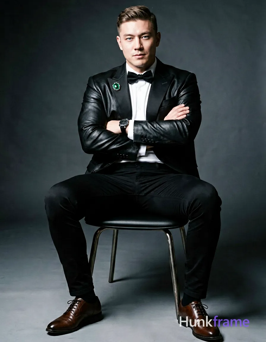 A Scandinavian man with very fair skin and ice blue eyes is seated on a modern chair, leaning slightly back. He wears a black leather jacket over a white t-shirt, fitted black jeans, and polished brown dress shoes. The background features deep shadows emphasizing his broad shoulders and lean waist in soft grays and high-contrast lighting
