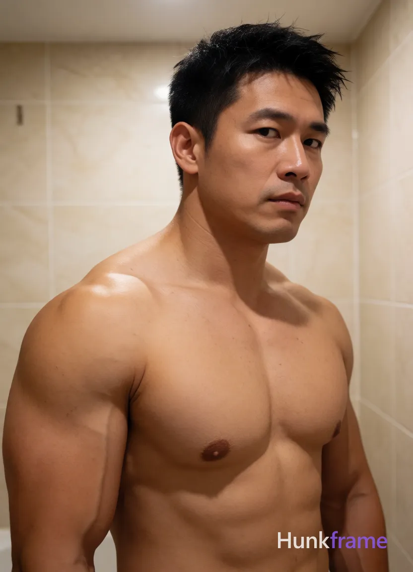 Heavily muscular adult man with substantial muscle mass, wide shoulders, thick neck, large chest and arms, powerful thighs, and dense bodybuilding proportions; Asian man with tanned skin stands shirtless in an indoor bathroom, torso angled right and head turned left; Short black hair is slightly wet or glistening with textured definition; face is clean-shaven with a neutral to pensive gaze directed at the camera; Broad shoulders frame defined pectorals, visible abs, and sculpted obliques under high contrast overhead artificial light creating specular highlights on wet skin; Close-up torso shot fills most of the vertical 13:19 portrait frame from chest up against beige tiled walls; single clean uninterrupted photograph with a cohesive editorial composition and plain continuous surrounding surfaces