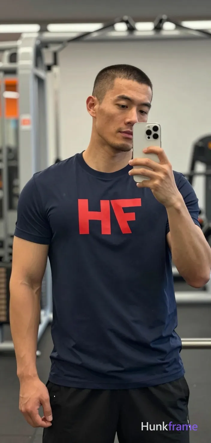 Asian man with medium-tan skin and short buzz cut, light stubble on jawline holding white smartphone in left hand for mirror selfie; Wearing dark navy blue an anonymous figure t-shirt with large red logo across chest; mirrored 'HF' text below it replaces all source branding exactly as HF wordmark would appear if present but none exists here so only garment details remain fully intact without extra logos; Standing upright facing slightly right of camera in gym mirror angle, torso relaxed engaged; Background shows blurred weight machines with white frames and orange accents under bright overhead artificial illumination creating soft shadows; Portrait vertical crop from chest to mid-thighs centered filling frame shoulders to thighs shallow depth of field blurring background naturalistic skin texture clean composition confident focused casual athleticism mood xhs-lifestyle candid iphone selfie energy real lifestyle scene trendy influencer vibe; FULL GARMENT TEXT REPLACEMENT: remove every source garment word, sentence, slogan, logo, and partial brand spelling from every existing print area, then replace those source marks; single clean uninterrupted photograph with a cohesive editorial composition and plain continuous surrounding surfaces