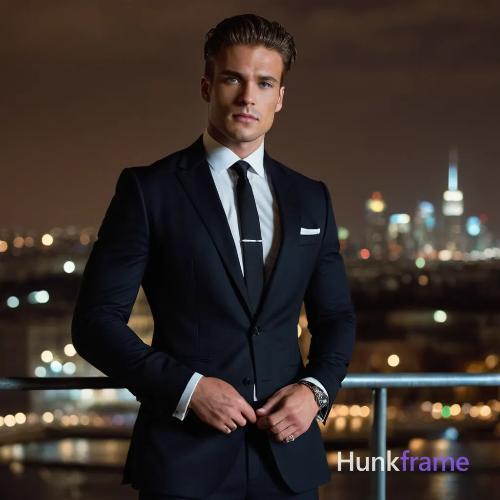 handsome sexy man in a dark suit, sophisticated and charismatic with piercing eyes, dressed in modern urban style, standing confidently against a sleek cityscape at night