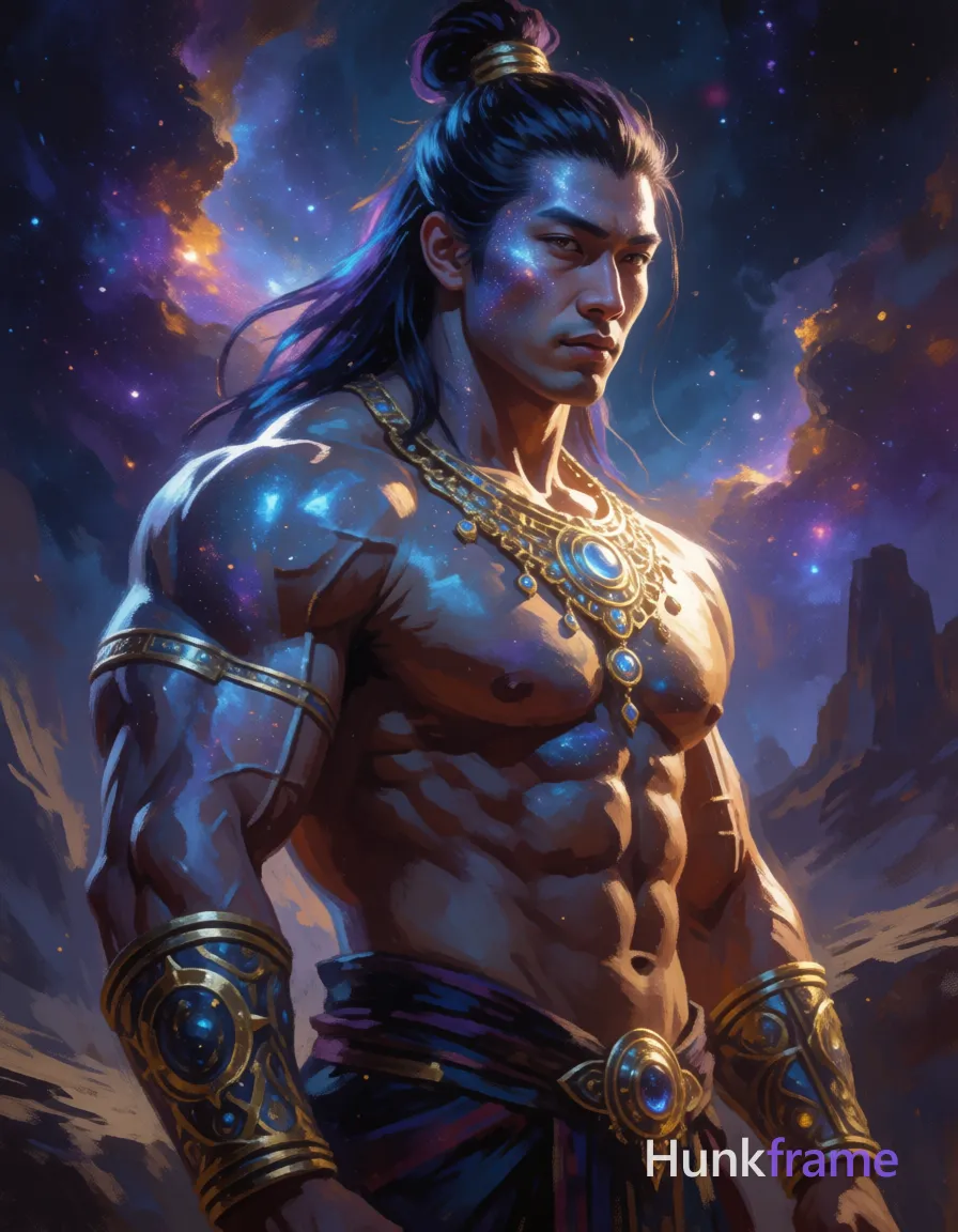 Heavily muscular adult man with substantial muscle mass, wide shoulders, thick neck, large chest and arms, powerful thighs, and dense bodybuilding proportions; Asian man with blue-tinted cosmic skin and glowing highlights, long dark hair in a high topknot streaked with galaxy blues and purples; He stands shirtless in three-quarter profile facing right, head turned slightly to the viewer, wearing an ornate golden celestial necklace and matching arm bands on both forearms; The composition is a vertical medium shot from mid-thigh up against a cosmic nebula background with distant rocky formations; Dramatic rim lighting highlights his broad shoulders, defined pectorals, sculpted abs, and thick thighs partially visible at the edges; High-contrast digital painting style with painterly brushstrokes, glowing particle effects, starfield texture, mythological iconography blending divine mood in deep indigo, violet, golden amber, and electric cyan; single clean uninterrupted artwork with a cohesive composition and plain continuous surrounding surfaces