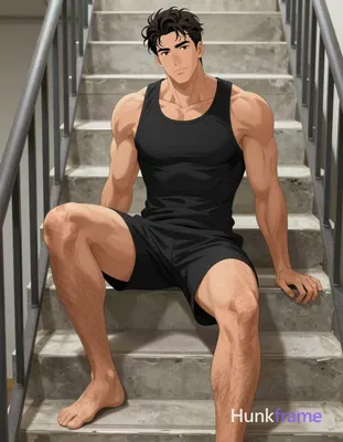 Vertical mid-shot anime style of a very muscular adult man seated on concrete st