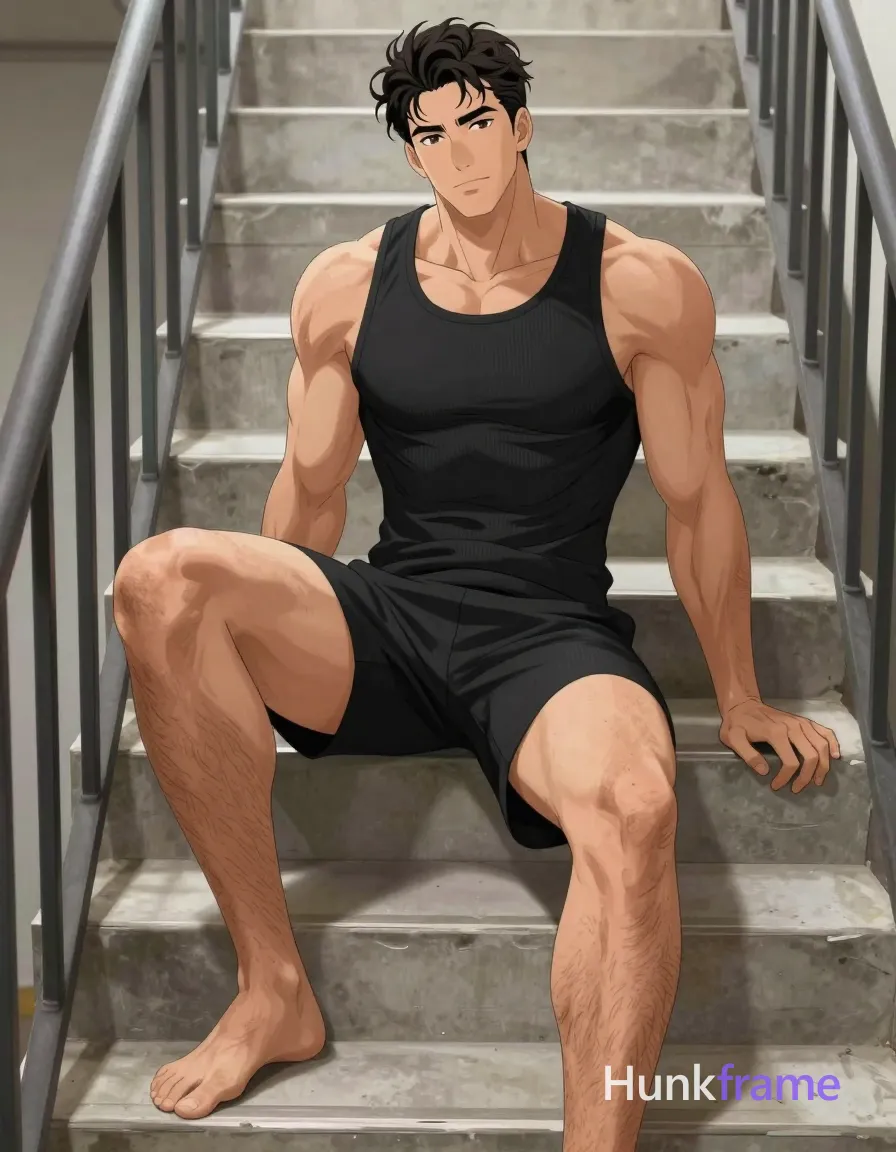 Vertical mid-shot anime style of a very muscular adult man seated on concrete stairs, torso upright leaning slightly forward against dark metal railing. He wears a black ribbed tank top covering chest and abdomen with black athletic shorts ending mid-thigh exposing thick thighs and calves covered in dense leg hair. Left leg bent with foot flat on step below, right leg extended downward. Soft directional light from left side highlights sculpted quadriceps and glutes against concrete gray background. Clean composition with negative space, fine-art photography aesthetic, polished 2.5D next-gen game art rendering., same aesthetic theme and photo feel as the reference but a different man in a different pose with distinct body proportions, Mediterranean Italian man, olive skin, wavy dark hair, lean surfer body, a single uninterrupted photograph only, no written words or typography anywhere in frame, no captions, no app UI, no social-media post layout, no screenshot borders