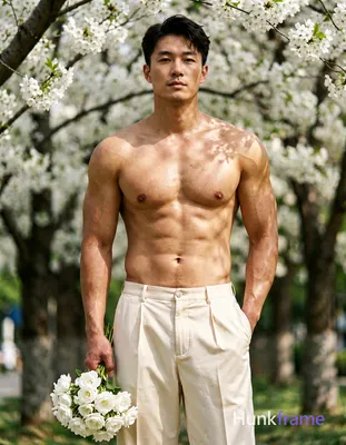 Striking full-bleed vertical phone wallpaper composition of an Asian man with light-medium skin stan