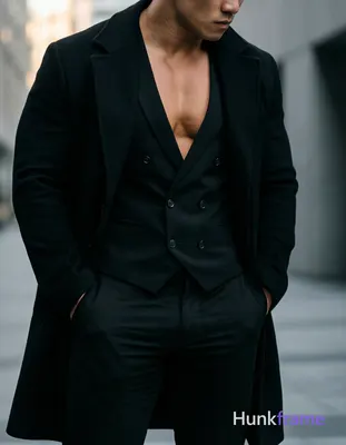 A handsome Asian man standing with hands in pockets and torso slightly leaned forward. He is shirtle