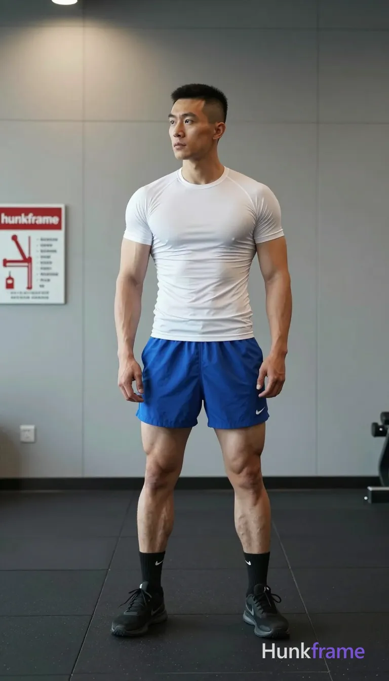 Asian man with short black buzz cut and high fade, clean-shaven face with neutral focused gaze standing upright slightly left; Wearing white fitted compression t-shirt covering torso completely, blue athletic shorts ending mid-thigh exposing thick thighs and calves, black crew socks with white Nike swoosh logo, black athletic sneakers; Indoor gym setting with light gray paneled walls, dark tiled flooring, fire safety signage on left wall; Overhead recessed lighting casting soft shadows, even ambient illumination with slight directional highlight from above-left; Full-body vertical shot head to mid-calf centered in frame; Clean composition naturalistic lighting documentary-style framing athletic photography emphasizing defined anatomy and confident strength; FULL TEXT REPLACEMENT: remove every original source word, sentence, slogan, logo, and partial spelling from the text-bearing area, then replace it with only the wordmark, spelled exactly "hunkframe" on the sign in the composition; This is replacement; Preserve appropriate typography and scale; No other visible text, logo, caption, username, hashtag, comment, watermark, or UI chrome; single clean uninterrupted photograph with a cohesive editorial composition and plain continuous surrounding surfaces