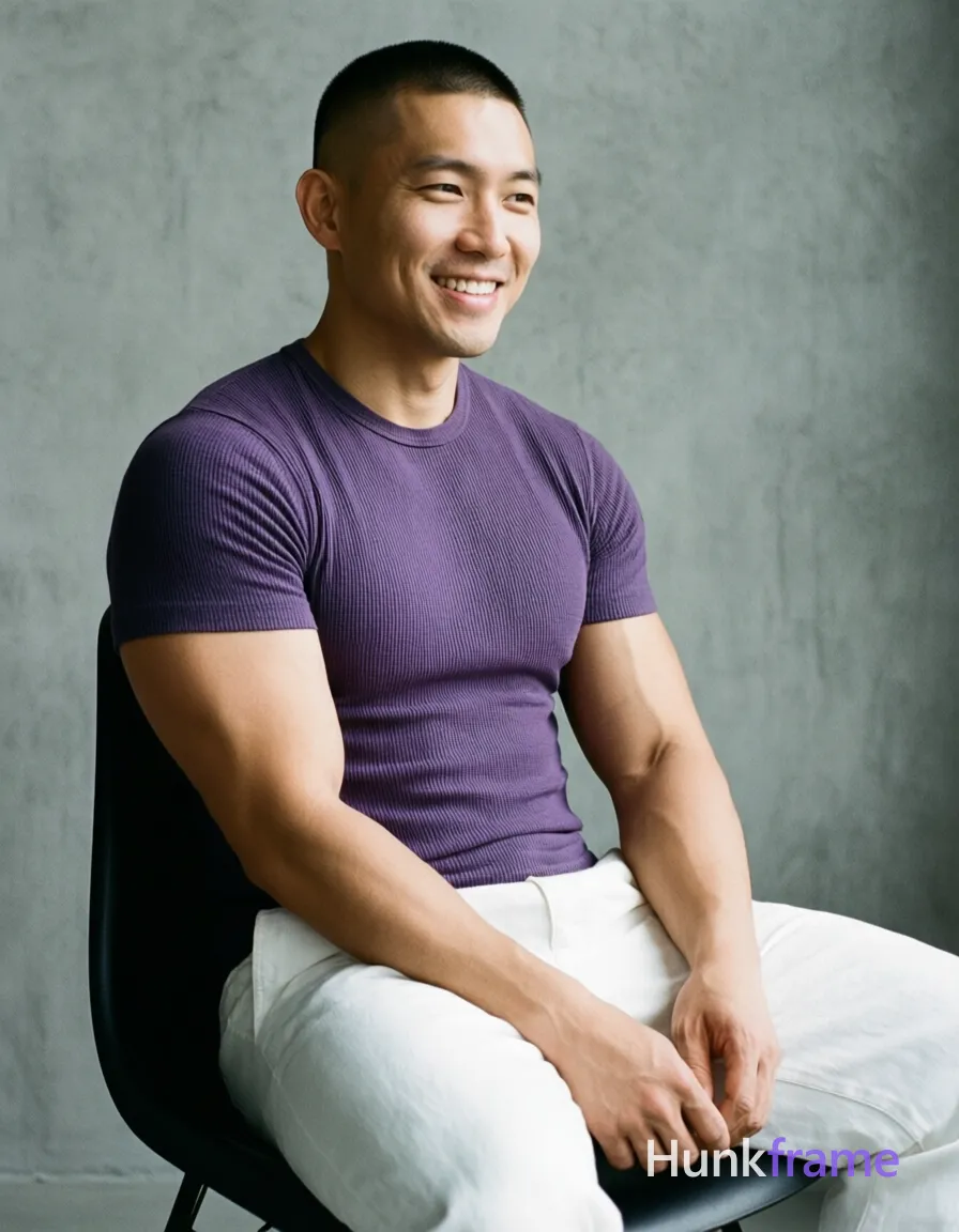 Asian man with short buzz cut and clean-shaven face smiling, seated upright on a black chair against a textured gray wall; He wears a snug purple marled crew-neck t-shirt revealing broad shoulders and defined pectorals, paired with loose white pants; His torso is relaxed while his head turns slightly to the viewer's right; Soft directional light from the left sculpts his toned biceps in a minimalist fine-art photography style; single clean uninterrupted photograph with a cohesive editorial composition and plain continuous surrounding surfaces