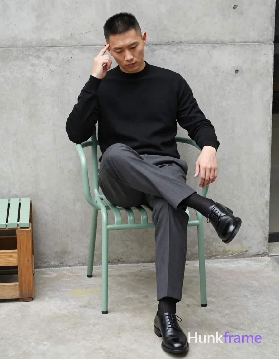 Asian man with short black undercut hair, clean-shaven face, neutral expression gazing downward; He sits in a light green metal chair outdoors against a textured concrete wall, right leg crossed over left knee while his left arm drapes along the backrest and right hand touches his temple near the ear; Wearing a fully covering black long-sleeve crewneck sweater or mock-neck top, dark gray tailored straight-leg trousers, black socks pulled to mid-calf, and black leather cap-toe dress shoes; Natural daylight from above-left casts soft shadows under chin and nose in an urban alleyway setting with green slatted bench and wooden crate visible left side; Clean lines editorial composition fashion-forward styling full-body shot head to shoes slightly angled perspective center-right calm stylish minimalist mood; single clean uninterrupted photograph with a cohesive editorial composition and plain continuous surrounding surfaces