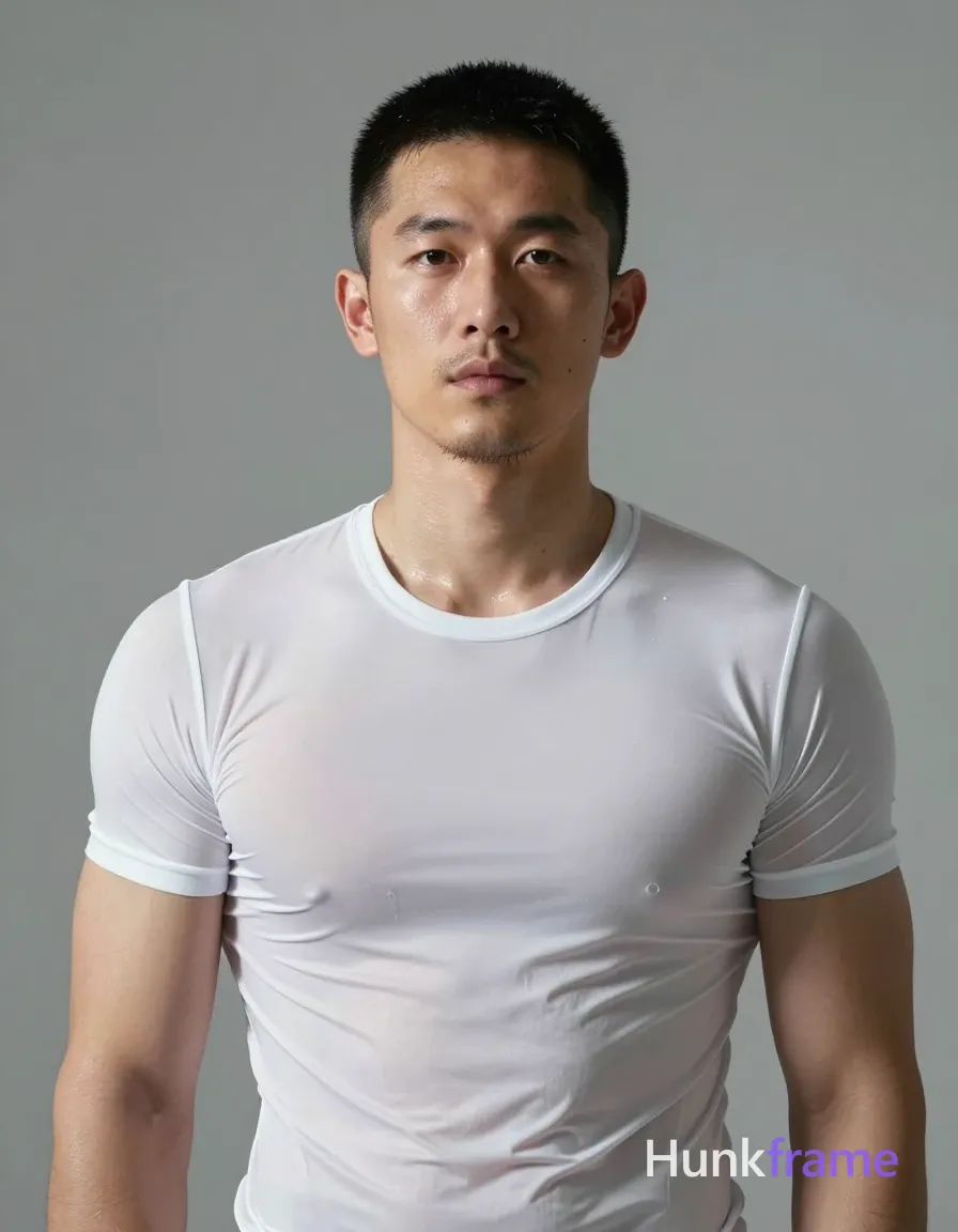 Asian adult man with short black buzz cut and light stubble, wearing a translucent white an anonymous figure compression shirt clinging to broad shoulders and defined pectorals; He stands upright facing forward in an indoor setting with a plain gray wall background Dramatic directional lighting creates high-contrast highlights on sweat-slicked skin and fabric texture; single clean uninterrupted photograph with a cohesive editorial composition and plain continuous surrounding surfaces