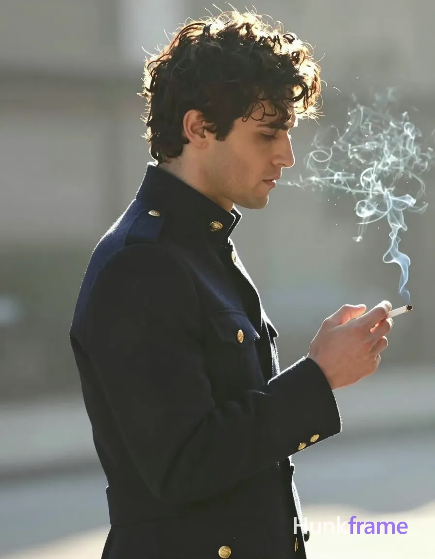 A handsome adult man with dark curly hair stands in right-side profile facing right, left hand raised near chest holding a lit cigarette. He wears a dark navy high-collared military-style jacket with visible gold buttons on collar and cuffs. The scene is set outdoors under strong backlight from the right creating lens flare and rim light on his hair against a sunlit hazy background. Shallow depth of field isolates him with warm highlights, high contrast, and moody cinematic smoke effects in this vertical portrait composition