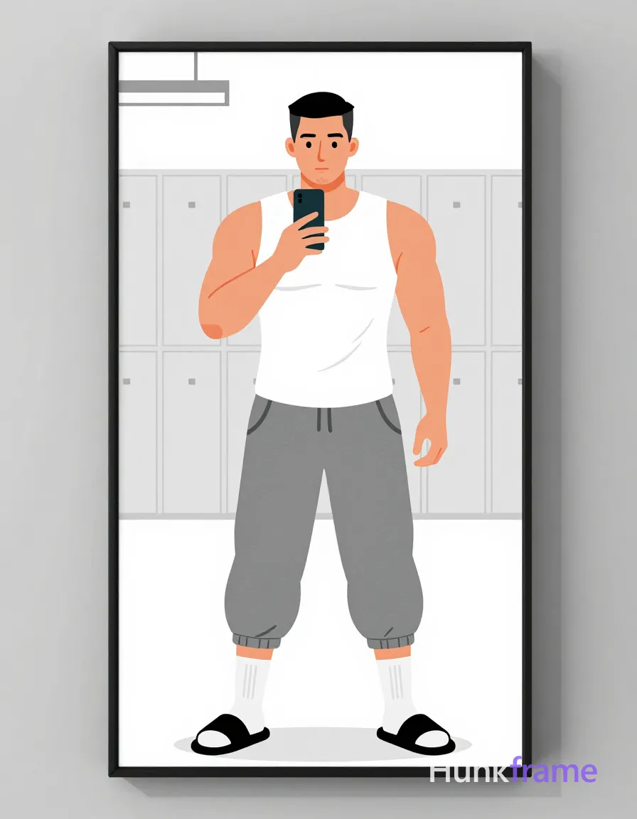 Bold flat-color wall art poster of an Asian man with short black buzz cut and light stubble standing full-body in a gym mirror; White ribbed sleeveless tank top exposes broad shoulders, defined pectorals, vascular arms; grey heathered sweatpants cover thick thighs above mid-calf socks and slide sandals; Right hand holds vertical black smartphone against chin while left arm rests by side with slight torso rotation; Overhead fluorescent lighting creates high-contrast color blocking between skin white clothing tones in a minimalist locker room background; Clean vector line style, centered composition within full_body_mirror_reflection, same aesthetic theme and photo feel as the reference but a different man in a different pose with distinct body proportions, lean Korean man, sharp jaw, monolid eyes, slim swimmer build, natural black hair; single clean uninterrupted photograph with a cohesive editorial composition and plain continuous surrounding surfaces