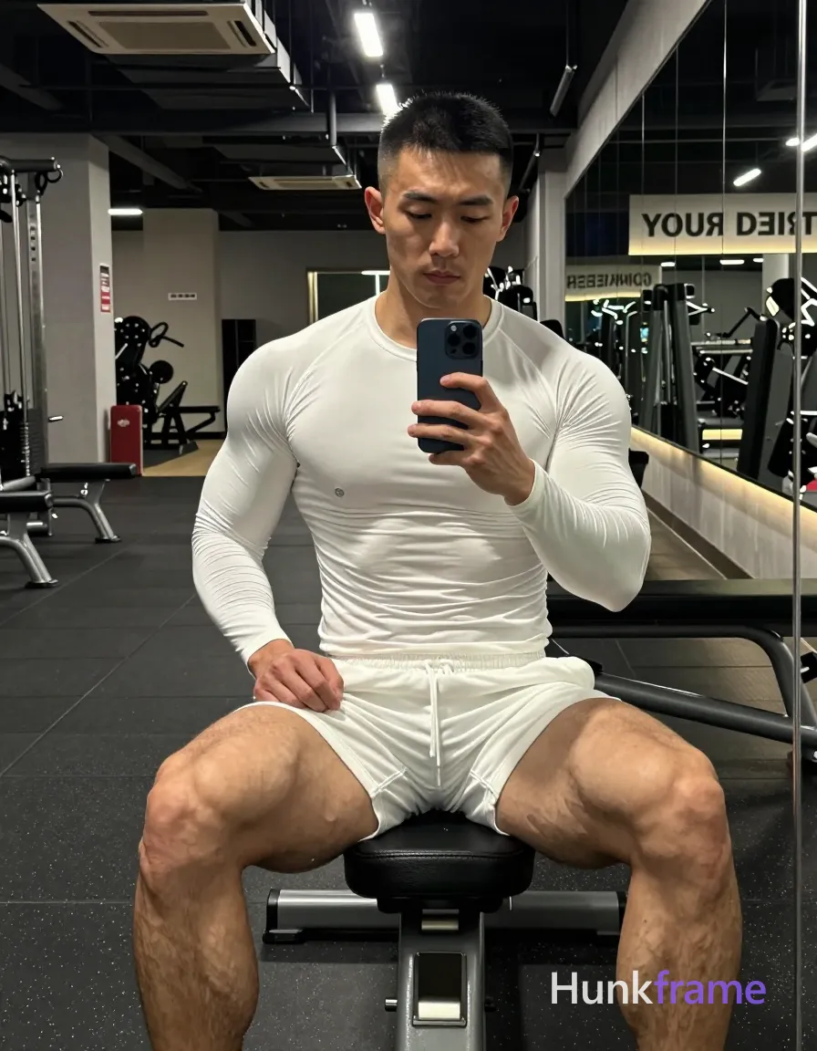 Asian man with short black buzz cut and clean-shaven face, neutral direct gaze into mirror reflection, seated on gym bench facing forward; Shirtless adult wearing white long-sleeve compression shirt covering torso from neck to waistline and matching white athletic shorts ending mid-thigh with visible drawstring waistband; Legs spread wide apart with knees bent, thighs prominently displayed showing thick quads and defined glutes; calves partially visible below hem; Holding dark blue smartphone vertically in right hand capturing mirror reflection, left hand resting on left thigh near hip area; Indoor gym environment with exposed ceiling pipes, industrial lighting fixtures, black rubber flooring speckled with white flecks, mirrored walls reflecting fitness equipment behind him on right side and wall text 'YOUR DEST'; Overhead track lights casting directional shadows across face and torso, ambient fluorescent glow creating soft highlights on light-medium skin tones; High-contrast gym photography, mirror selfie composition, muscle bear aesthetic emphasizing broad shoulders and meaty chest, rugged warm confidence mood; FULL TEXT REPLACEMENT: remove every original source word; single clean uninterrupted photograph with a cohesive editorial composition and plain continuous surrounding surfaces