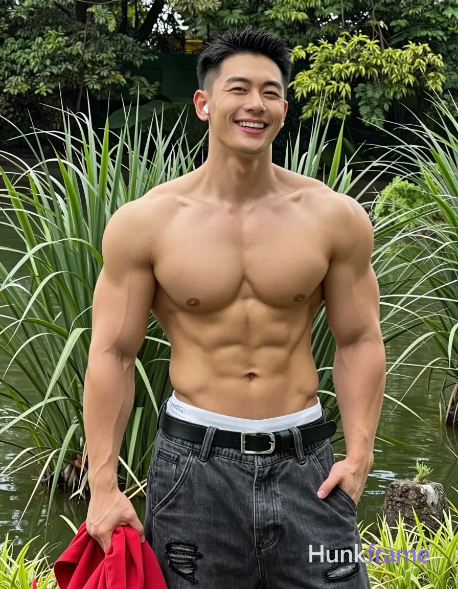 Asian adult man with short black buzz cut and clean-shaven face, smiling broadly with slight head tilt to right; Shirtless torso showing broad shoulders, defined pectorals, six-pack abs, visible vascularity on arms; Standing upright outdoors near water with tall grasses and trees in background; Left hand deep in pocket of dark grey distressed jeans with belt loops and silver buckle; black leather belt worn over white underwear waistband; Right hand holding red garment at hip level; Vertical portrait composition 13:19, natural daylight soft shadows on torso, lush green foliage palette, shot on iPhone 15 Pro main camera, authentic smartphone computational photography, natural Smart HDR and true-to-life skin texture, vertical 9:16 Xiaohongshu lifestyle feed, bright clean everyday scene, unretouched phone photo with subtle sensor grain, trendy Chinese internet 网红 aesthetic, candid influencer energy; single clean uninterrupted photograph with a cohesive editorial composition and plain continuous surrounding surfaces