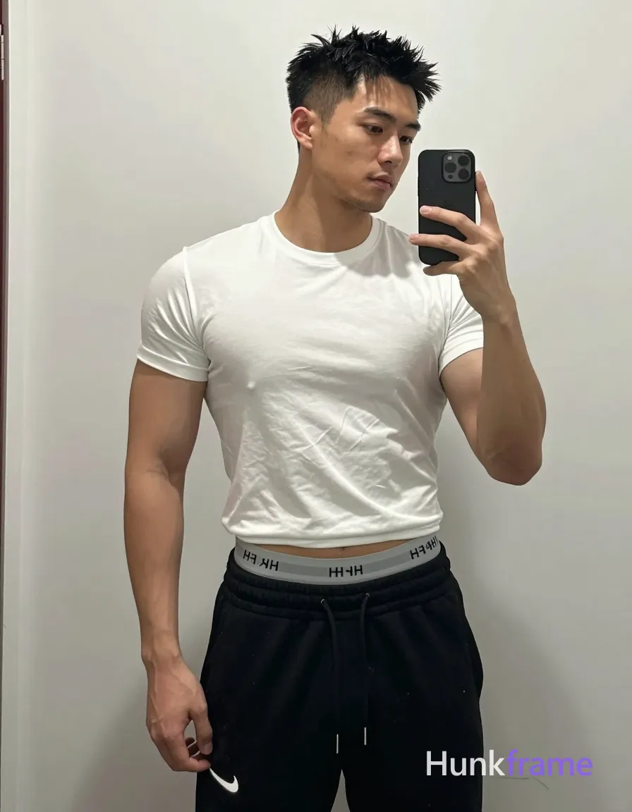 an anonymous figure adult man with light to medium tan skin, short textured black hair styled upward at the crown and tapered sides; He stands upright facing slightly right in a dorm room setting, left arm bent holding a black smartphone for mirror selfie capture while right hand rests open by his side; Wearing a white crew-neck short-sleeve t-shirt with slight hem wrinkling, black drawstring sweatpants featuring a white Nike swoosh on the left thigh and waistband, gray Aum&Stein branded underwear waistband visible above pants; Broad shoulders, defined biceps and triceps, flat abdomen showing the underwear waistband; Soft ambient indoor lighting reflects off the mirror surface with clean lines and minimal distractions in this vertical portrait composition; FULL GARMENT TEXT REPLACEMENT: remove every source garment word, sentence, slogan, logo, and partial brand spelling from every existing print area, then replace those source marks with only the wordmark, spelled exactly "HF"; This is replacement, Repeated "HF" marks are allowed only where the source garment already had printed; single clean uninterrupted photograph with a cohesive editorial composition and plain continuous surrounding surfaces
