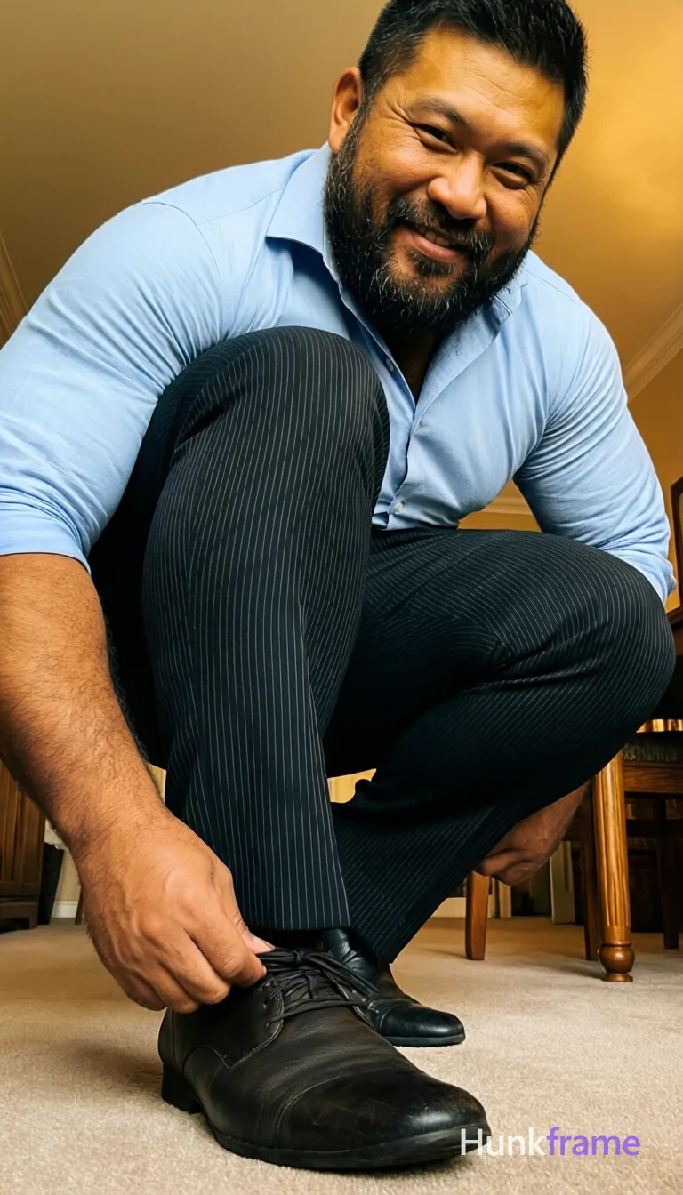 Low-angle close-up of a big hairy stocky masculine man crouching with knees bent together, torso leaning forward out of frame. He adjusts his right shoe with his left hand while the waistband of dark pinstripe dress trousers is pulled up mid-thigh on both legs. A light blue button-down shirt covers most of the cropped torso. Thick thighs and a rugged bear build are visible under warm soft indoor ambient lighting in an interior room with beige carpet tones and wooden furniture legs visible. The image features a phone-camera aesthetic with a slightly tilted perspective, capturing raw confidence., same aesthetic theme and photo feel as the reference but a different man in a different pose with distinct body proportions, Filipino man, golden brown skin, warm smile lines, compact muscular build, a single uninterrupted photograph only, no written words or typography anywhere in frame, no captions, no app UI, no social-media post layout, no screenshot borders