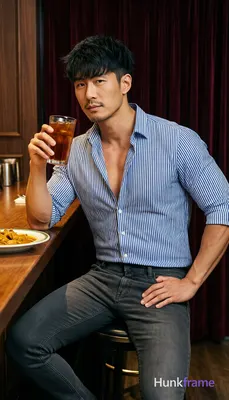 Asian man with medium-light skin, short dark black hair textured top and sides with tousled front ba