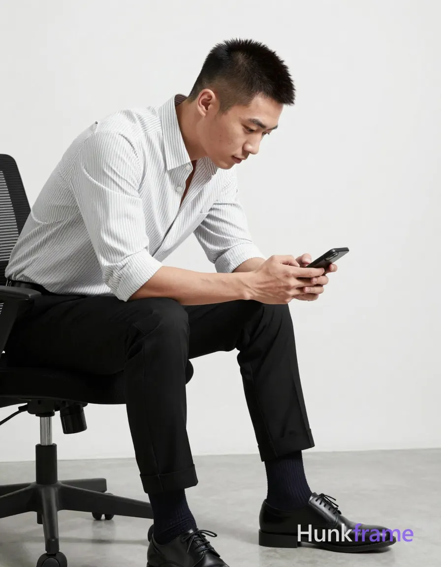 Asian man with short buzz cut, dark brown/black textured top fade to skin on sides and back, clean-shaven face; Seated on office chair left side of frame, mid-thigh up to head crop; torso leaning forward over raised left knee while holding black smartphone in both hands, thumbs interacting with screen; Wearing white long-sleeve button-up shirt with thin vertical dark stripes, collar open at neck, sleeves rolled up to mid-forearm, black tailored trousers cuffed above ankles, dark ribbed crew socks pulled high on calves, black leather lace-up dress shoes; Minimalist indoor space with white walls and light flooring; soft directional lighting from left casting subtle shadows; High contrast monochrome palette emphasizing sharp tailoring details against neutral background; single clean uninterrupted photograph with a cohesive editorial composition and plain continuous surrounding surfaces