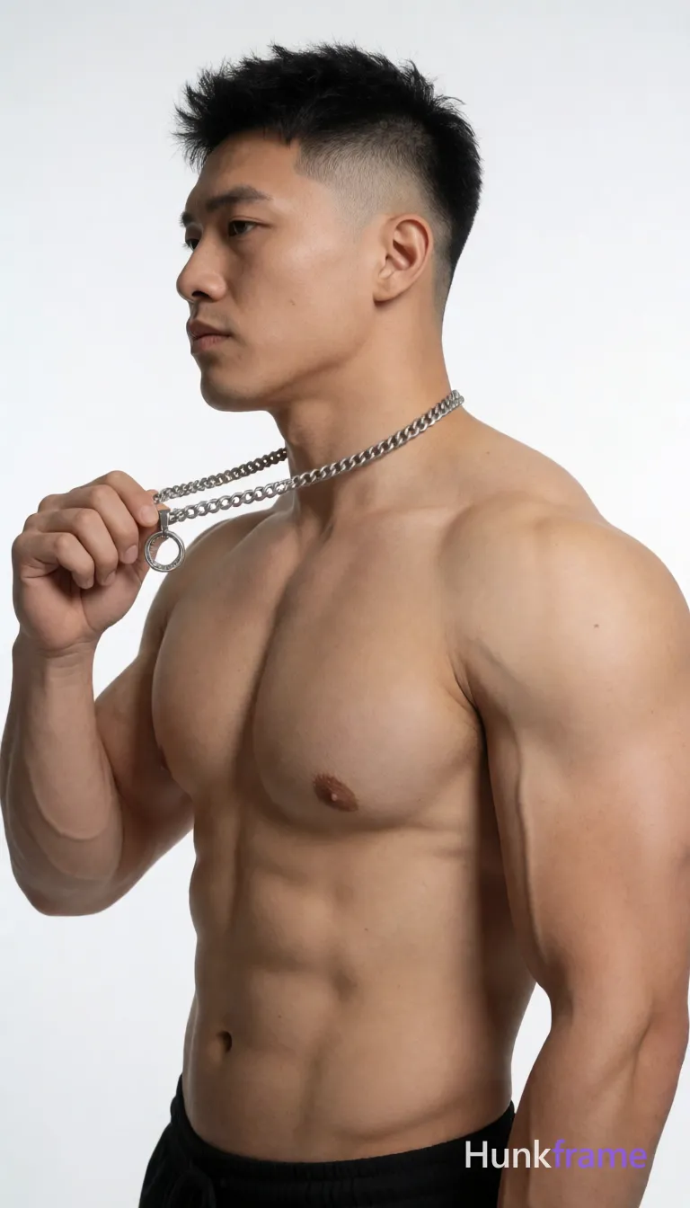 Heavily muscular adult man with substantial muscle mass, wide shoulders, thick neck, large chest and arms, powerful thighs, and dense bodybuilding proportions; Asian man with light to medium tan skin and short textured black hair featuring a tapered fade, clean-shaven face in profile facing left; He stands upright holding a silver chain necklace with circular pendant near his neck using right hand fingers; Shirtless torso reveals broad shoulders, defined pectorals, visible abs, heavily muscular arms against seamless white studio background; Softbox-style lighting provides even frontal illumination on bare chest and abdomen; High-key fine-art editorial aesthetic portrait cropped from mid-thigh up; single clean uninterrupted photograph with a cohesive editorial composition and plain continuous surrounding surfaces