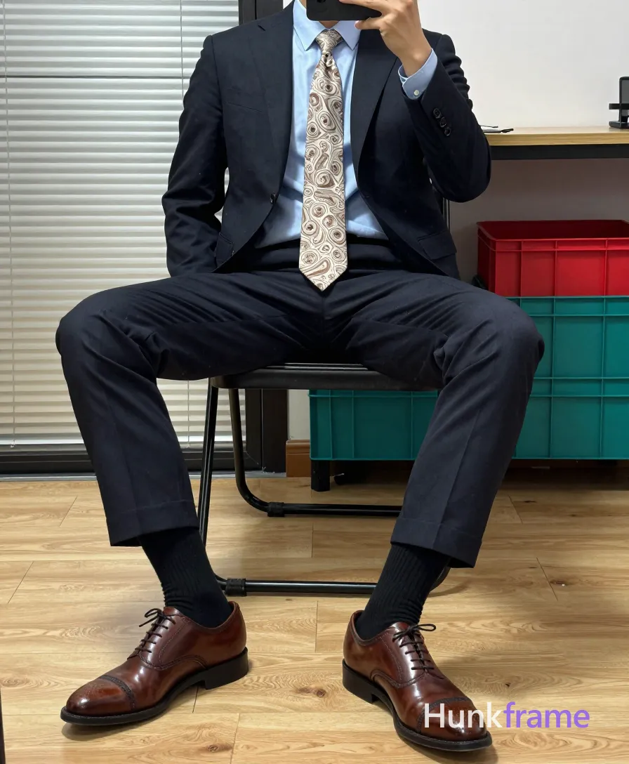Waist-down fashion editorial of an adult man seated on a black folding chair, legs spread wide with knees bent and feet planted; left leg crossed slightly over right at the knee. He wears a dark navy suit jacket unbuttoned revealing a light blue collared dress shirt buttoned to neck, patterned paisley tie in cream and brown tones, matching cuffed trousers, black ribbed crew socks pulled mid-calf, and brown leather cap-toe oxford shoes. Indoor room with light wood flooring, glass door showing horizontal blinds, stacked red and teal plastic crates under chair. Soft even ambient illumination on legs and shoes, phone-camera aesthetic quality., shot on iPhone 15 Pro main camera, authentic smartphone computational photography, natural Smart HDR, vertical 9:16 Xiaohongshu lifestyle post, bright clean gym or cafe scene, wardrobe matching reference outfit, confident everyday blogger pose, phone photo with natural grain, phone held naturally in one hand for selfie, phone visible in frame, a single uninterrupted photograph only, no written words or typography anywhere in frame, no captions, no app UI, no social-media post layout, no screenshot borders