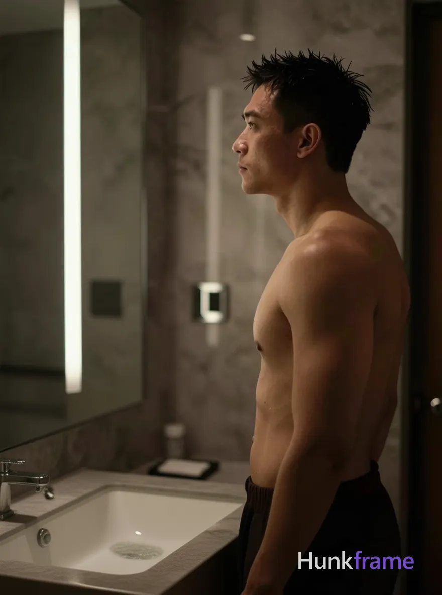 An Asian man with medium-dark skin and short dark hair styled upward stands in right profile facing a large bathroom mirror. He is clean-shaven with a neutral, contemplative gaze directed leftward toward the reflection. His arms are relaxed at his sides while he maintains an upright torso with a slight forward lean. The subject wears no shirt on top to reveal broad shoulders, defined pectorals, deltoids, and visible abdominal musculature; dark-colored pants or shorts appear below the waistline occupying the lower frame. He stands in a modern luxury bathroom featuring marble surfaces and ambient lighting. Warm directional lamp light from the background contrasts with cool vertical mirror strip lights on the left side of the composition. The palette consists of muted earth tones, deep shadows, and metallic accents creating an intimate mood