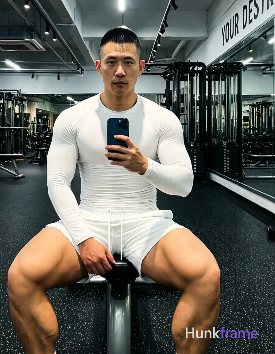 Asian man with short black buzz cut and clean-shaven face, neutral direct gaze into mirror reflection, seated on gym bench facing forward; Shirtless adult male wearing white long-sleeve compression shirt covering torso from neck to waistline and matching white athletic shorts ending mid-thigh with visible drawstring; Full bare chest exposed from collarbone down to navel showing defined abs and obliques; both thighs fully displayed with thick quads, prominent quadriceps muscles, calves partially visible below hem; Left hand resting on left thigh near hip area holding dark blue smartphone vertically in right hand capturing mirror reflection; Indoor gym environment with exposed ceiling pipes, industrial lighting fixtures, black rubber flooring speckled with white flecks, mirrored walls reflecting fitness equipment behind him on right side and wall text 'YOUR DEST'; Overhead track lights casting directional shadows across face and torso, ambient fluorescent glow creating soft highlights on light-medium skin tones; High-contrast gym photography style, mirror selfie composition, fitness influencer aesthetic, confident focused masculine mood; FULL TEXT REPLACEMENT: remove every; single clean uninterrupted photograph with a cohesive editorial composition and plain continuous surrounding surfaces