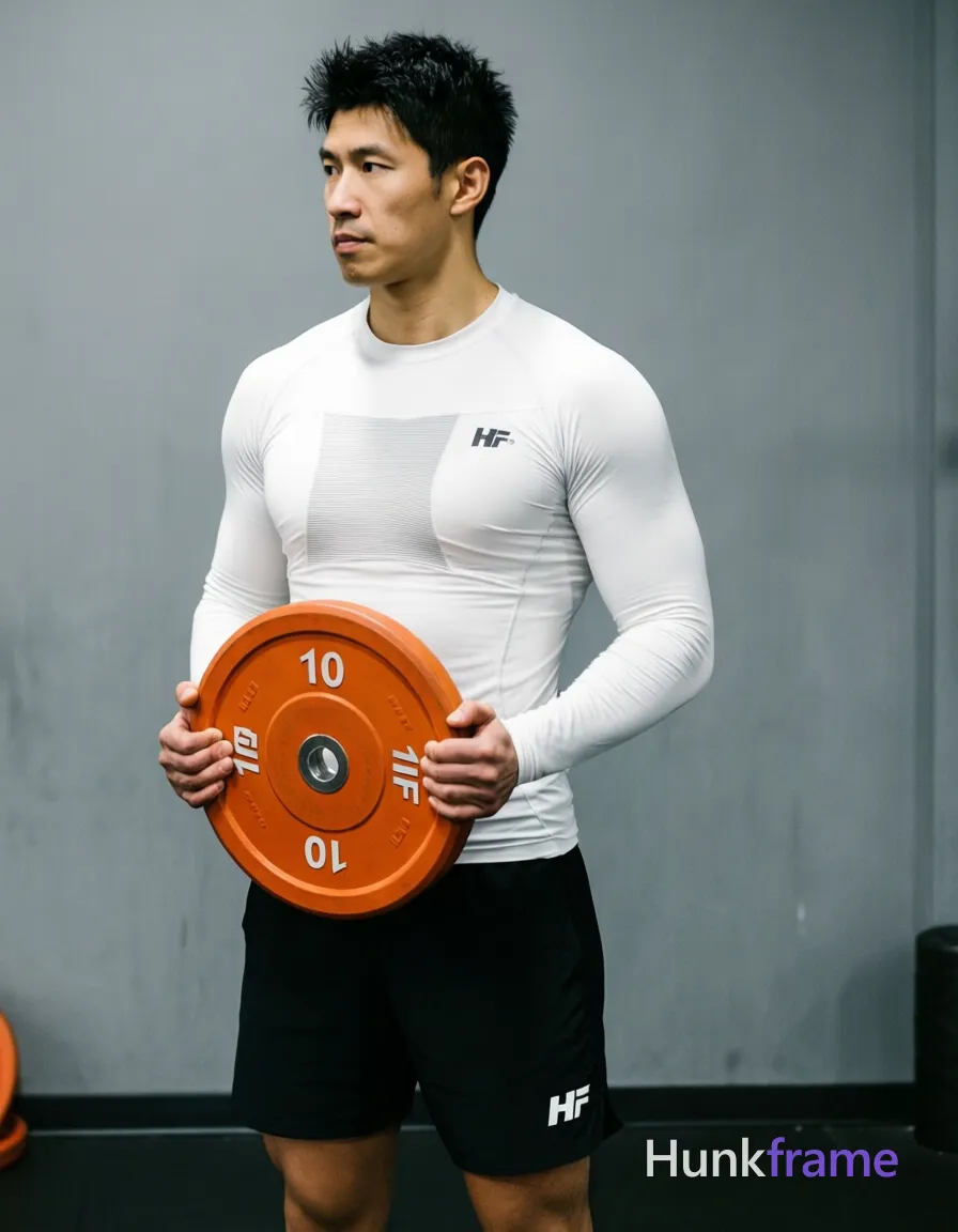an anonymous figure adult man with short black textured hair and clean-shaven face, neutral serious gaze leftward holding an orange 10kg HF weight plate at waist level; Wearing white long-sleeve compression top with chest paneling and small logo on left chest; black athletic shorts mid-thigh with white logo on lower right leg; Standing upright torso straight against gray gym wall background, full body head-to-knees centered shot; Slightly elevated camera angle emphasizing lean muscular physique definition; Soft directional lighting from front-left creating subtle shadows; Vertical portrait composition 13:19 aspect ratio, sharp focus; FULL GARMENT TEXT REPLACEMENT: remove every source garment word, sentence, slogan, logo, and partial brand spelling from every existing print area, then replace those source marks with only the wordmark, spelled exactly "HF"; This is replacement, Repeated "HF" marks are allowed only where the source garment already had printed text; preserve appropriate placement, typography, color, and scale; No other visible text, logo, caption, username, hashtag, comment, watermark, or UI chrome; single clean uninterrupted photograph with a cohesive editorial composition and plain continuous surrounding surfaces