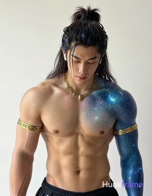 Asian man with blue-tinted cosmic skin and glowing highlights, long dark hair in