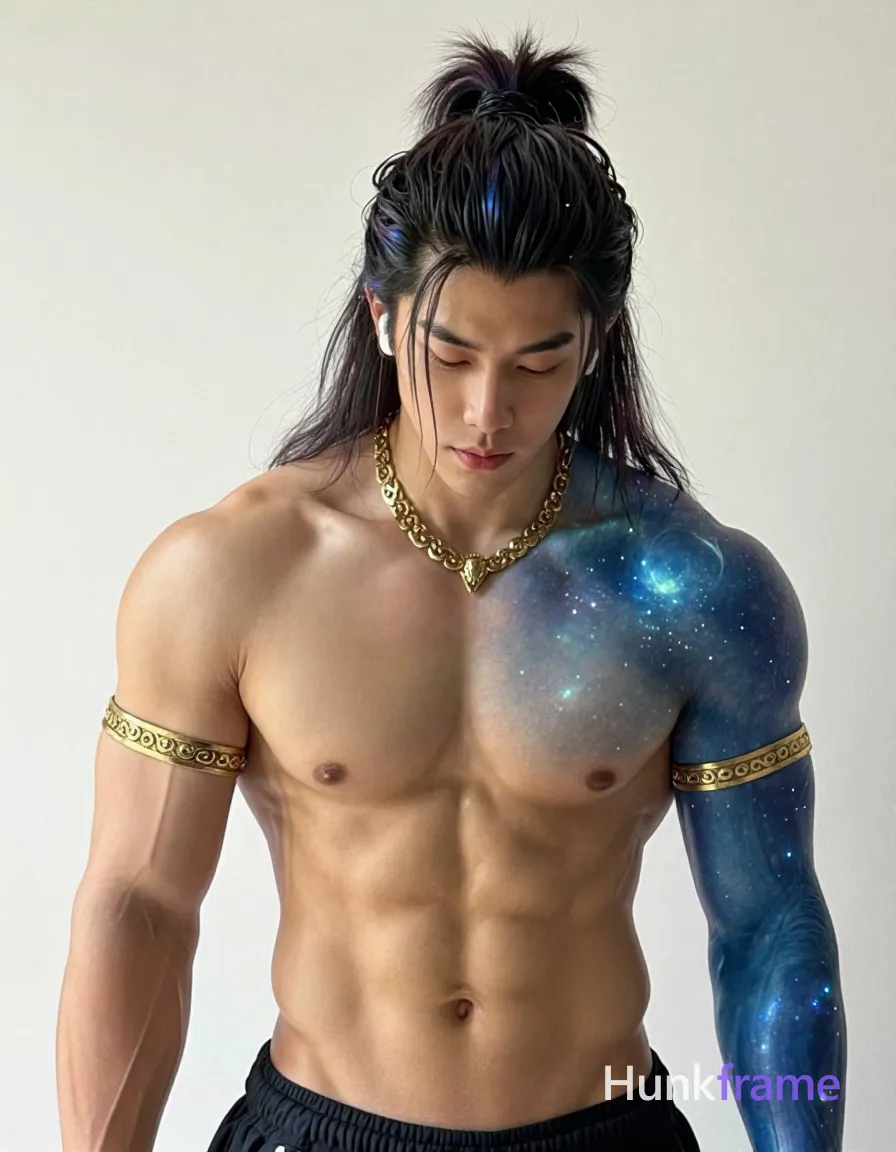Asian man with blue-tinted cosmic skin and glowing highlights, long dark hair in a high topknot with galaxy streaks framing the face; Shirtless torso bare showing broad shoulders, defined pectorals, sculpted abs, thick thighs partially visible at edges; Wearing ornate golden necklace and matching arm bands on forearms; Dramatic rim lighting from right highlighting musculature amidst glowing particle effects and starfield texture, shot on iPhone 15 Pro main camera, authentic smartphone computational photography, natural Smart HDR and true-to-life skin texture, vertical 9:16 Xiaohongshu lifestyle feed, bright clean everyday scene, unretouched phone photo with subtle sensor grain, trendy Chinese internet 网红 aesthetic, candid influencer energy; single clean uninterrupted photograph with a cohesive editorial composition and plain continuous surrounding surfaces