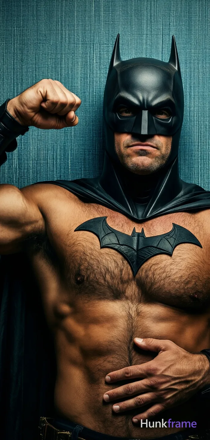 Striking full-bleed vertical wallpaper of adult man reclining on back, left arm flexed with fist raised near shoulder and right hand resting across lower abdomen. Shirtless torso features black Batman cowl covering head and neck with chest emblem visible. Medium-brown skin texture under soft directional lighting from left against blue-green woven fabric background. Vertical portrait close-up centered slightly to the right for screen-safe composition., a single uninterrupted photograph only, no written words or typography anywhere in frame, no captions, no app UI, no social-media post layout, no screenshot borders