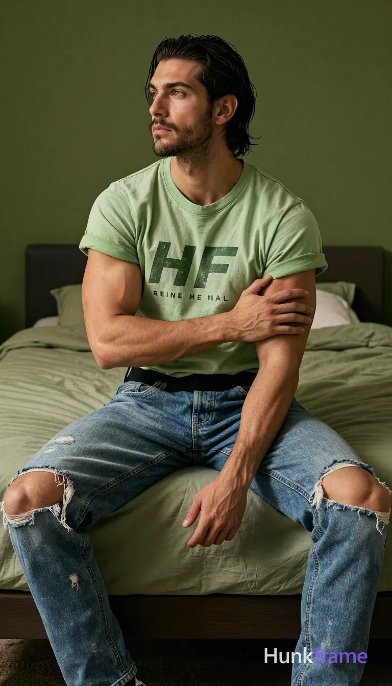 an anonymous figure man with tanned skin, dark brown medium-length hair styled back and to the side, neatly trimmed mustache and goatee; Seated on a bed edge in an olive-green bedroom, right leg bent flat, left leg extended forward slightly; Torso angled toward camera but head turned pensive gaze off-camera upper left; Right hand gripping upper part of left bicep/triceps area, fingers wrapped around muscle belly as if flexing or holding shape; Wearing light green cropped V-neck T-shirt with partial text 'HF' visible in distressed dark lettering across chest, faded blue ripped jeans with frayed knee on left leg; Waist-up to full-body cropped at thighs, centered occupying majority of frame from head to mid-thighs; Fine-art photography aesthetic, dramatic yet soft lighting, high contrast between skin tones and saturated background colors; FULL GARMENT TEXT REPLACEMENT: remove every source garment word, sentence, slogan, logo, and partial brand spelling from every existing print area, then replace those source marks with only the wordmark, spelled exactly "HF"; This is; single clean uninterrupted photograph with a cohesive editorial composition and plain continuous surrounding surfaces