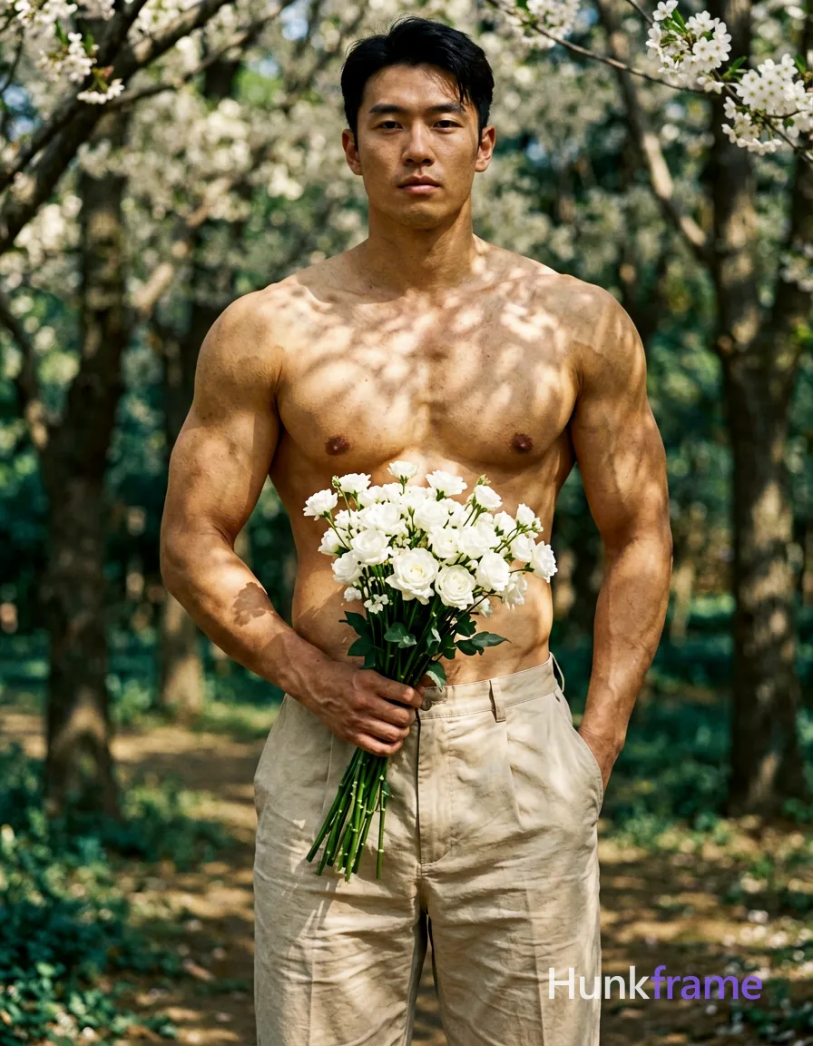 Asian man with light-medium skin standing upright in an outdoor wooded area, torso facing forward holding a bouquet of white flowers against his lower abdomen. He is shirtless revealing broad shoulders and defined pectorals while wearing light beige pleated trousers with left hand in pocket. Natural dappled sunlight filters through flowering trees creating soft highlights on highly detailed musculature. Vertical portrait framing from head to mid-thigh, centered composition with fine-art photography aesthetic and bokeh background., wearing underwear or swim trunks, covered genitals, no frontal nudity, a single uninterrupted photograph only, no written words or typography anywhere in frame, no captions, no app UI, no social-media post layout, no screenshot borders