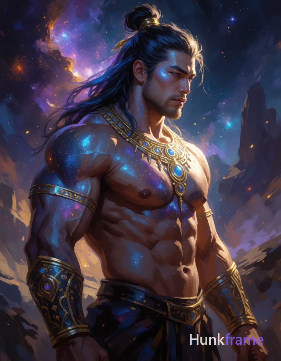 Heavily muscular adult man with substantial muscle mass, wide shoulders, thick neck, large chest and arms, powerful thighs, and dense bodybuilding proportions; Asian man with blue-tinted cosmic skin and glowing highlights, long dark hair in a high topknot streaked with galaxy blues and purples; He stands shirtless in three-quarter profile facing right, head turned slightly to the viewer, wearing an ornate golden celestial necklace and matching arm bands on both forearms; The composition is a vertical medium shot from mid-thigh up against a cosmic nebula background with distant rocky formations; Dramatic rim lighting highlights his broad shoulders, defined pectorals, sculpted abs, and thick thighs partially visible at the edges; High-contrast digital painting style with painterly brushstrokes, glowing particle effects, starfield texture, mythological iconography blending divine mood in deep indigo, violet, golden amber, and electric cyan, same aesthetic theme and photo feel as the reference but a different man in a different pose with distinct body proportions, Slavic man, pale skin, ash blond stubble, tall athletic frame; single clean uninterrupted artwork with a cohesive composition and plain continuous surrounding surfaces