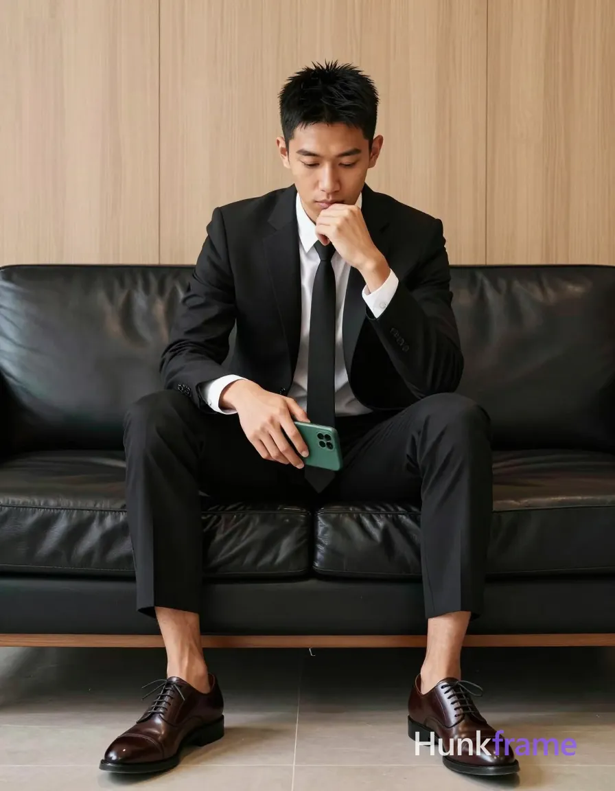 an anonymous figure man with light to medium tan skin and short black quiff hair, clean-shaven face, seated on a black leather sofa in modern interior; He wears a slim-fit black two-piece suit jacket and trousers over a white button-down shirt with collar visible above a solid black necktie, dark brown leather oxford shoes with laces tied neatly, holding a green smartphone against his left thigh while right hand rests under chin in contemplative gesture; Full-body shot from head to shoes centered horizontally, seated on sofa occupying lower two-thirds of frame; head positioned in upper third against light wood-paneled wall background; Soft ambient indoor lighting creates even illumination with subtle highlights on face and shoulder; High-resolution fashion editorial photography style; single clean uninterrupted photograph with a cohesive editorial composition and plain continuous surrounding surfaces