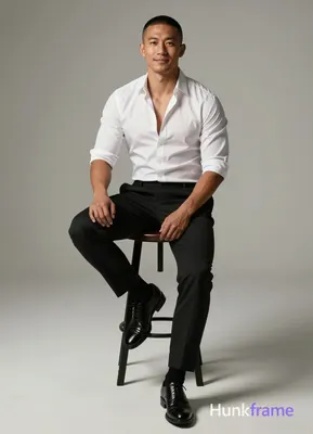 Asian man with medium-tan skin and short black buzz cut seated on tall stool, right leg crossed over