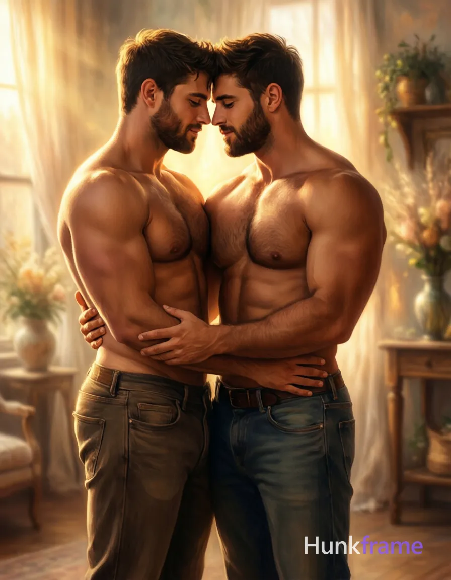 digital painting of a romantic gay couple, full body crop with both men standing and embracing, bare chested with thick muscular thighs, heads close together, each hand on the other's waist, soft focus throughout, warm golden hour lighting, ethereal dreamy atmosphere, earthy tones and pastel hues palette, indoor setting possibly in a gallery or home environment with decorative items like shelves and vases of greenery, 1024x1024 square composition