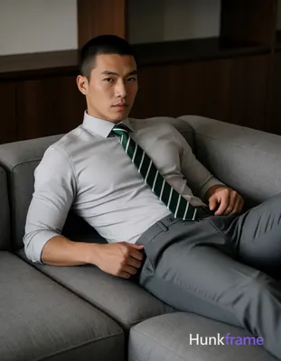 Asian man with short buzz cut and clean-shaven face reclining on a gray sectiona