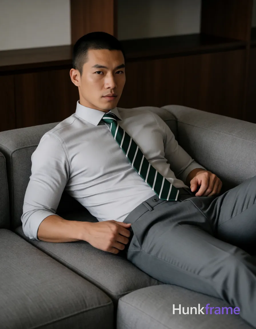Asian man with short buzz cut and clean-shaven face reclining on a gray sectional sofa, torso angled right; He wears a tight-fitting light-gray long-sleeve dress shirt sleeves rolled to mid-forearm, dark green-and-white diagonal-striped necktie knotted at collar, matching gray slim-fit trousers; Left arm rests along body side, right hand near waistband of trousers; legs extended forward and crossed at ankles exposing thick thighs; Soft directional ambient light from left creates subtle shadows on right torso; Minimalist interior with dark wood shelving in background; Shallow depth-of-field focus on sculpted physique including broad shoulders, defined pectorals, toned abs; Vertical portrait composition 13:19, same aesthetic theme and photo feel as the reference but a different man in a different pose with distinct body proportions, Middle Eastern man, tan skin, dark beard shadow, muscular but natural proportions; single clean uninterrupted photograph with a cohesive editorial composition and plain continuous surrounding surfaces