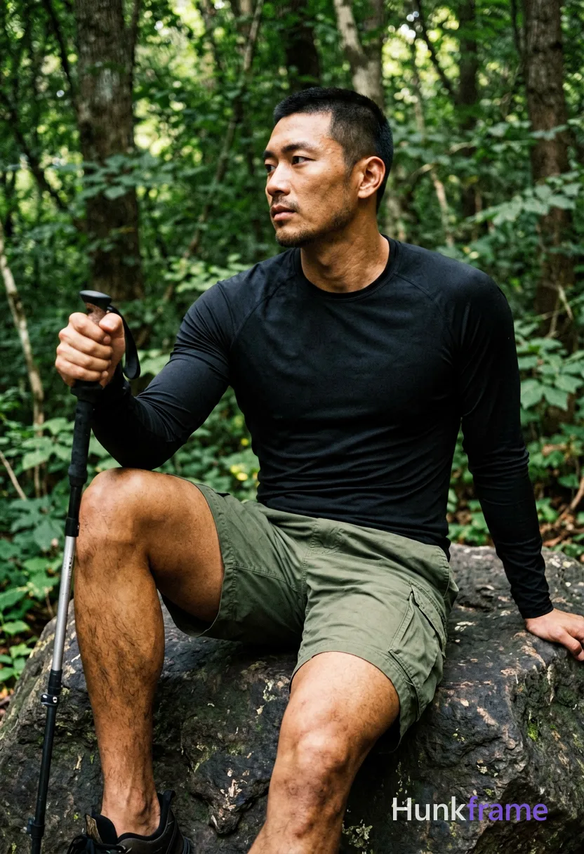 Asian man medium-tan skin short black buzz cut styled top light stubble seated on rock in forest torso angled left head turned to camera right knee up bent left leg extended downward out of frame wearing black long-sleeve athletic shirt fully covering torso olive-green cargo shorts broad shoulders thick thighs holding trekking pole handle near thigh dense green foliage background natural dappled lighting mobile phone camera aesthetic slightly grainy texture confident masculine posture tasteful suggestive framing 13:19 aspect ratio, wearing underwear or swim trunks, covered genitals, no frontal nudity, a single uninterrupted photograph only, no written words or typography anywhere in frame, no captions, no app UI, no social-media post layout, no screenshot borders