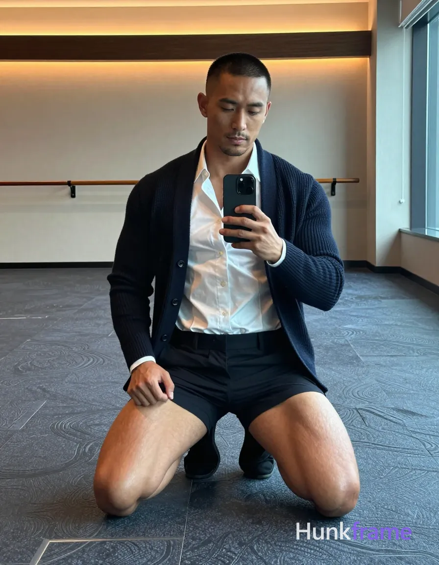 A medium-brown skinned man with a black buzz cut and light upper-lip stubble kneels on blue-gray patterned carpet in a luxury hotel gym; He wears an open dark navy ribbed cardigan over a white button-down shirt, exposing his collarbones and lower abdomen above tailored trousers; His thick thighs rest flat while the right leg bends forward; he holds a black smartphone for a mirror selfie beneath a horizontal wooden beam; Warm overhead glow contrasts with cool daylight from the side window, casting soft shadows on his defined calves and broad shoulders in this confident, intimate portrait; single clean uninterrupted photograph with a cohesive editorial composition and plain continuous surrounding surfaces