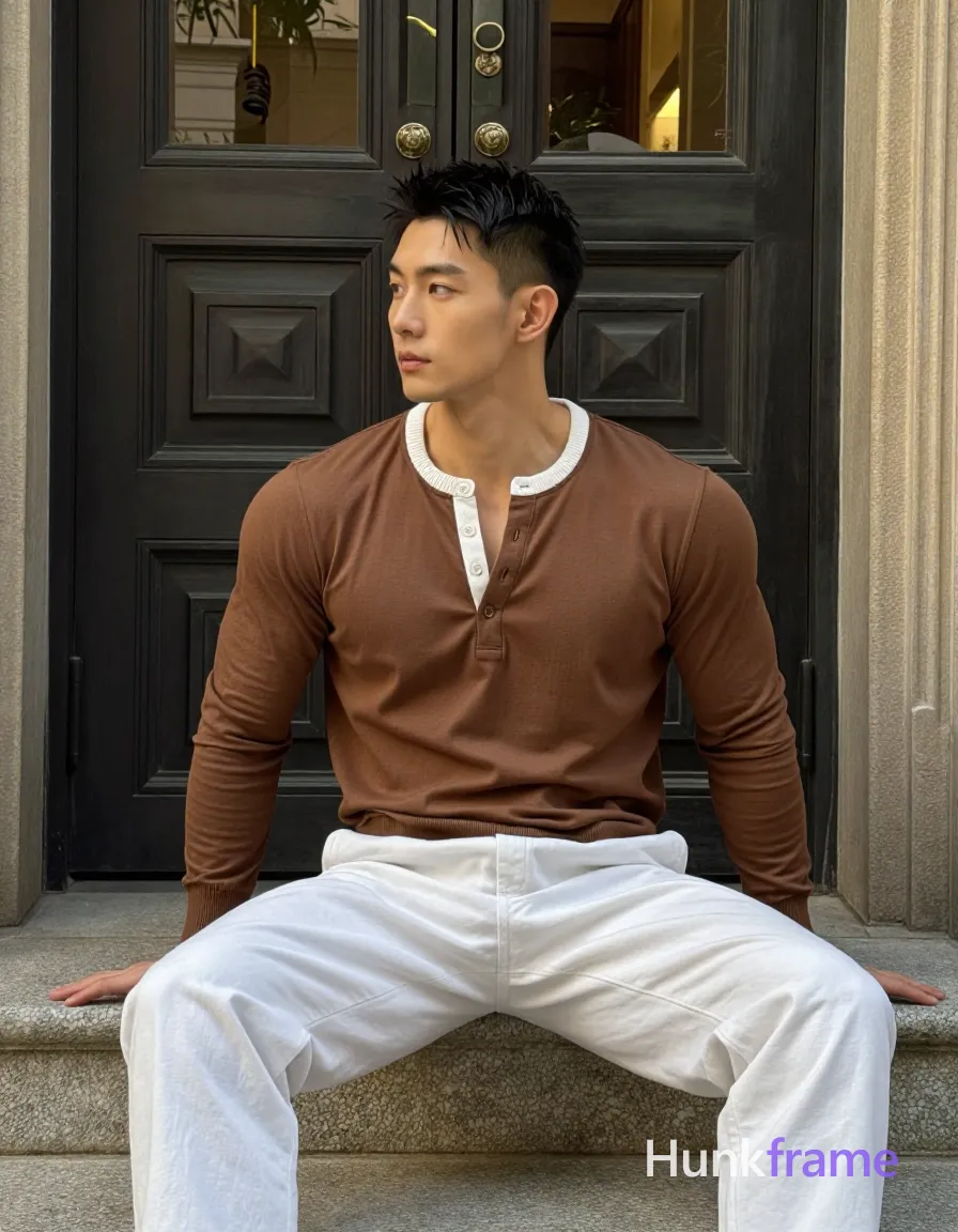 Asian man with short black textured spiky hair fading to tight buzz, clean-shaven face, neutral contemplative gaze; He sits on stone steps in front of dark ornate double doors wearing a brown long-sleeve henley shirt with white ribbed collar trim and button placket, paired with white wide-leg trousers; Lean build physique fully clothed from head to knees; Natural daylight illuminates earthy brown and stone beige tones against dark gray doors, shot on iPhone 15 Pro main camera, authentic smartphone computational photography, natural Smart HDR, vertical 9:16 Xiaohongshu lifestyle post, bright clean gym or cafe scene, wardrobe matching reference outfit, confident everyday blogger pose, phone photo with natural grain; single clean uninterrupted photograph with a cohesive editorial composition and plain continuous surrounding surfaces