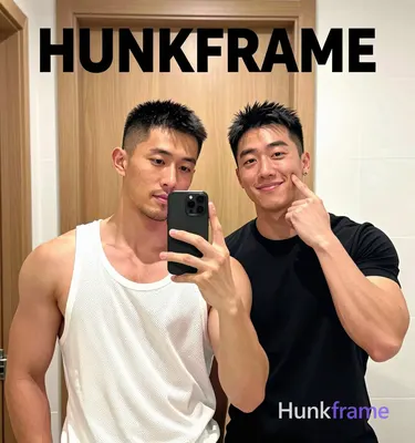 Bold flat-color poster wall art of two adult Asian men taking a vertical mirror selfie in an indoor 