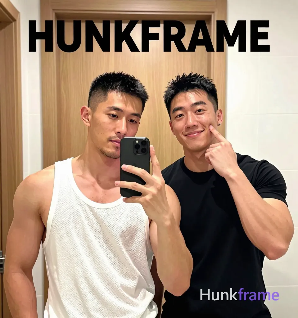Bold flat-color poster wall art of two adult Asian men taking a vertical mirror selfie in an indoor bathroom with wooden paneling and white walls; The left man holds a black smartphone with Tom & Jerry case, shirtless under open white mesh tank top revealing bare chest, broad shoulders, defined pectorals, thick arms, visible chest hair, light-medium skin tone, short buzz cut fade, clean-shaven face; unobstructed face with both eyes, irises, eyebrows, temples, and nose bridge clearly visible; The right man touches his cheek smiling in a black fitted t-shirt worn open over bare chest, exposed chest and shoulders, spiky short cut, stud earring, unobstructed face with both eyes, irises, eyebrows, temples, and nose bridge clearly visible; High-contrast color blocking with clean vector lines captures their muscular physiques against soft ambient lighting; FULL TEXT REPLACEMENT: remove every original source word, sentence, slogan, logo, and partial spelling from the text-bearing area, then replace it with only the wordmark, spelled exactly "HUNKFRAME" in the original compositional text position; single clean uninterrupted photograph with a cohesive editorial composition and plain continuous surrounding surfaces