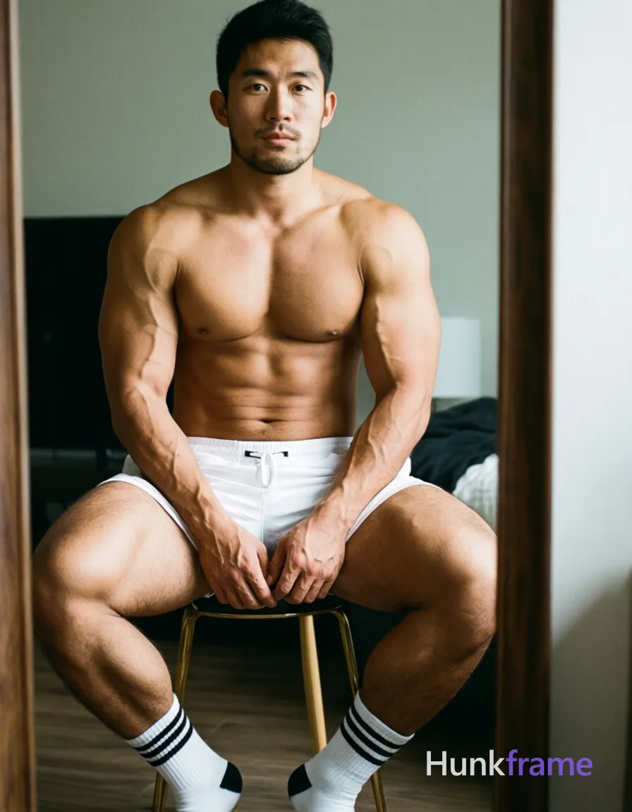 A handsome Asian man seated on a stool in front of a mirror, shirtless with white shorts and socks featuring black stripes, showcasing his athletic build with defined abs, thick muscular thighs, and vascular arms. The setting has soft lighting and neutral tones, highlighting the indoor environment with wooden floors. The image is a photorealistic portrait focusing on the upper body, emphasizing masculinity and athleticism in a casual and relaxed mood